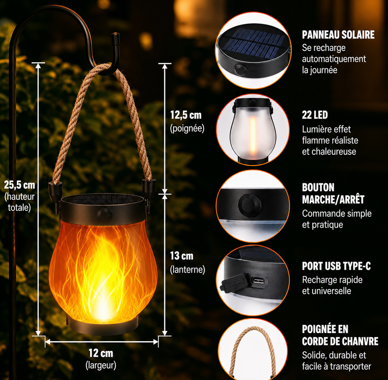 Lanterne Solaire LED à Effet Flamme - LUNEIXO