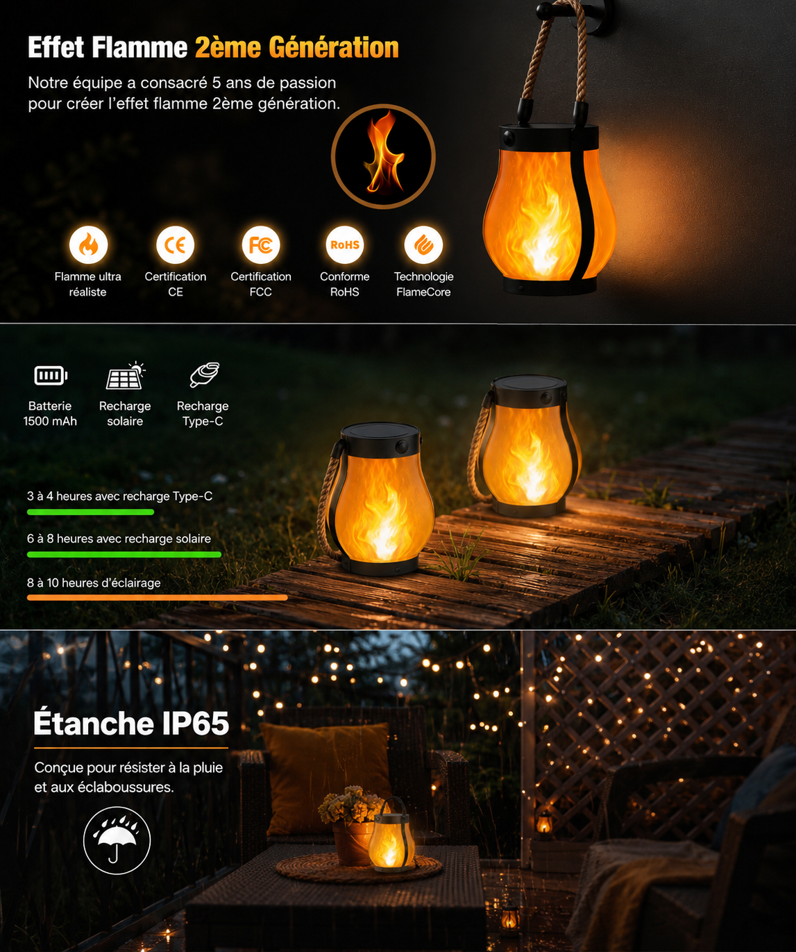 Lanterne Solaire LED à Effet Flamme - LUNEIXO