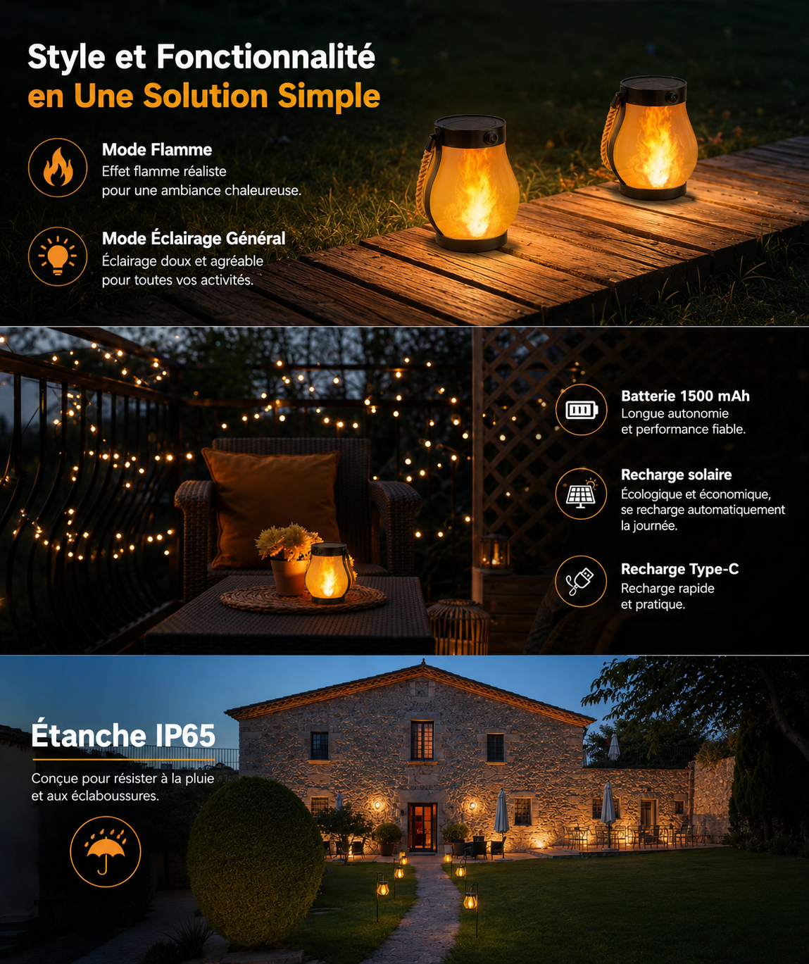 Lanterne Solaire LED à Effet Flamme - LUNEIXO